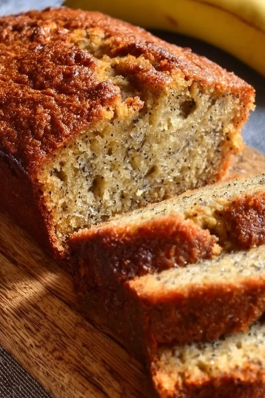 Moist banana bread made with 3 ripe bananas, displayed on a wooden table.