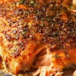 Delicious oven baked salmon served with lemon and herbs.