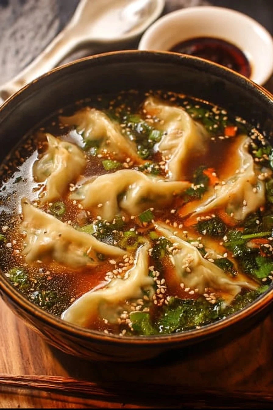 A warm bowl of Potsticker Soup filled with dumplings and green onions.