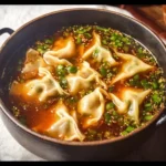 Bowl of homemade Potsticker Soup with dumplings and fresh vegetables