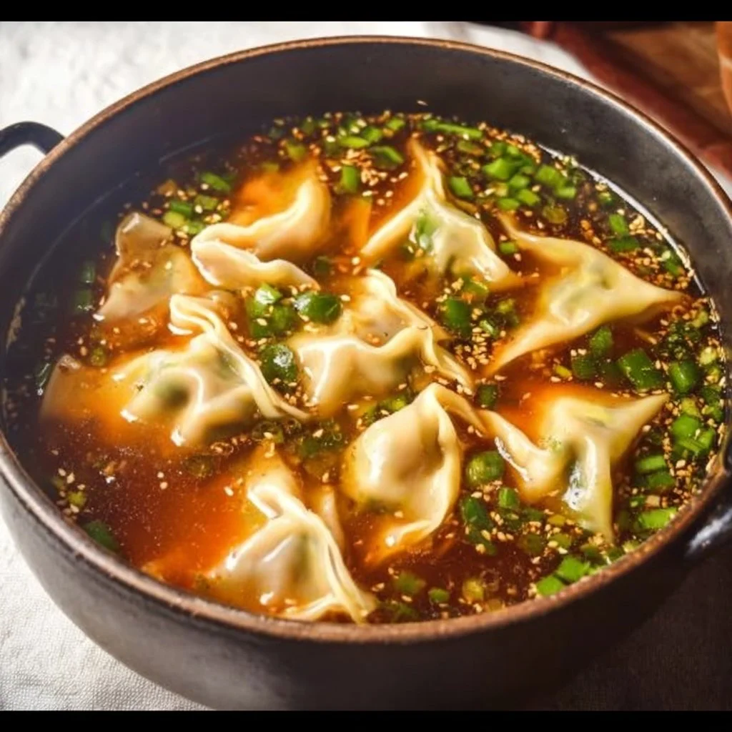 Bowl of homemade Potsticker Soup with dumplings and fresh vegetables