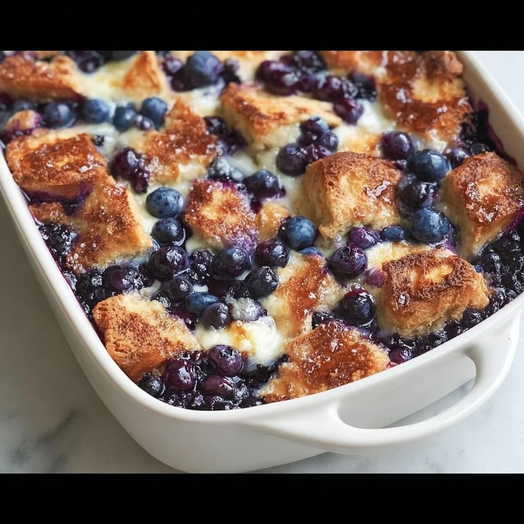 Delicious blueberry french toast casserole topped with fresh blueberries and syrup.