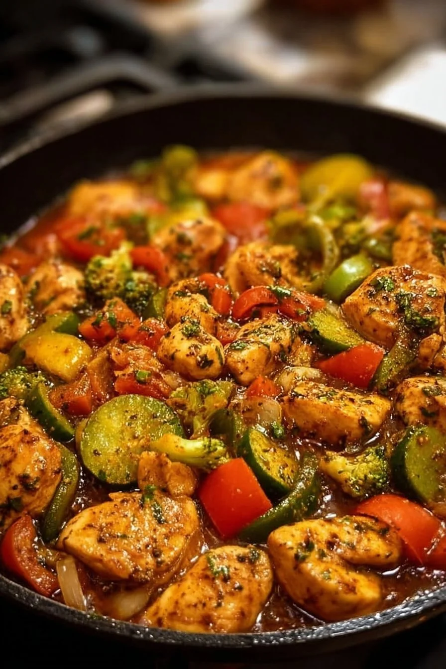 Quick and healthy chicken skillet dish with vegetables and spices