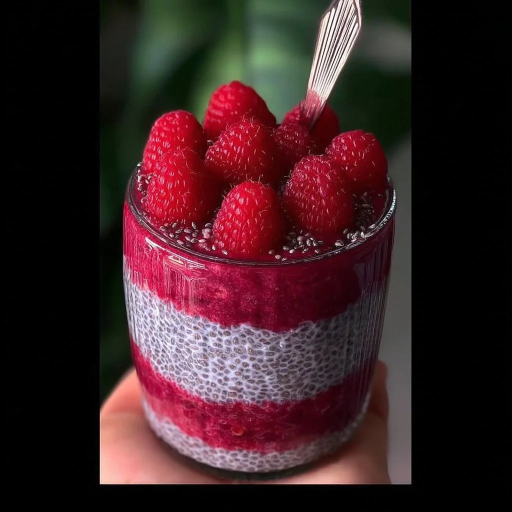 Delicious raspberry chia pudding served in a glass with fresh berries on top.