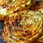 Roasted cabbage steaks garnished with spices and served on a plate