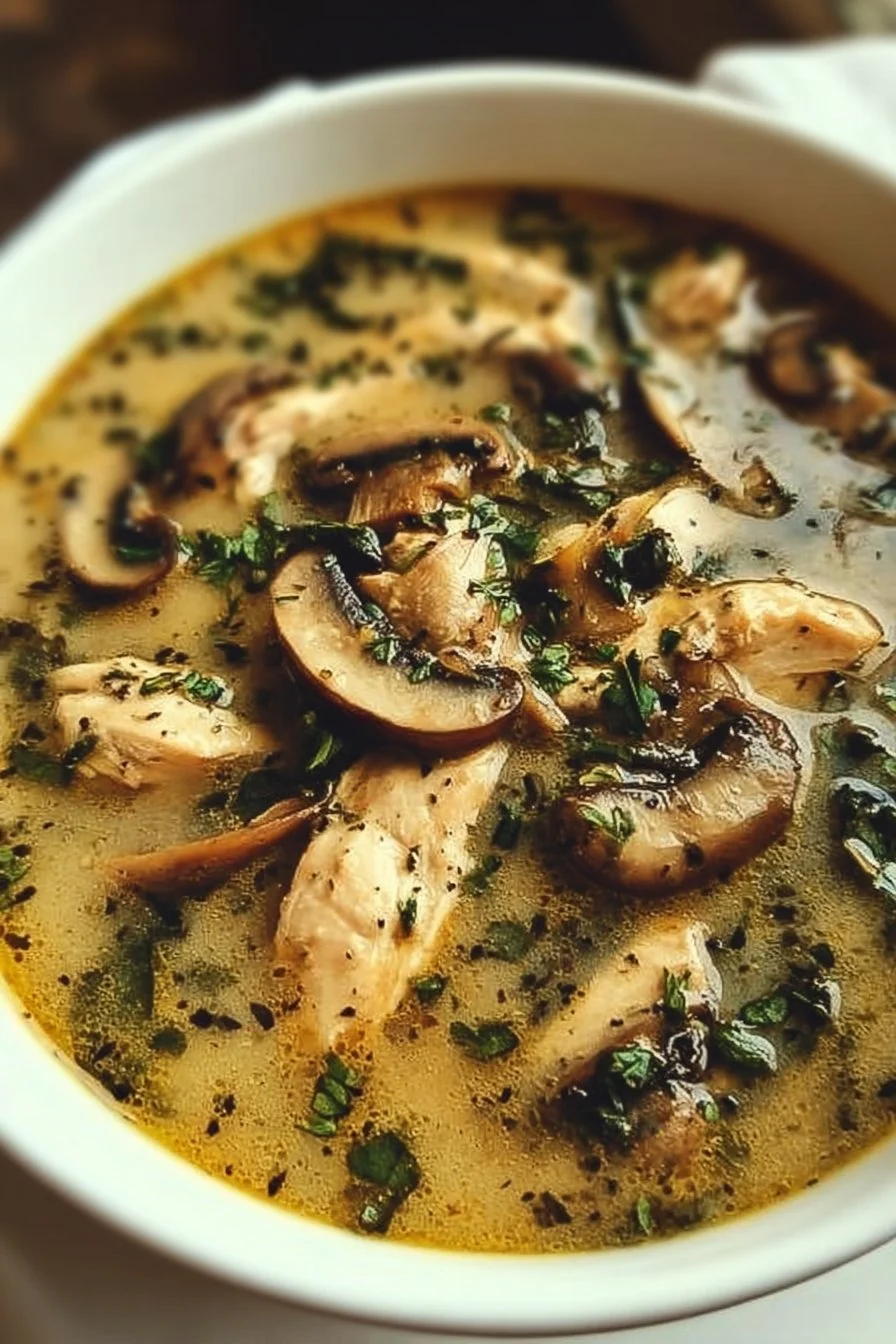 Bowl of rotisserie chicken mushroom soup with fresh herbs and mushrooms