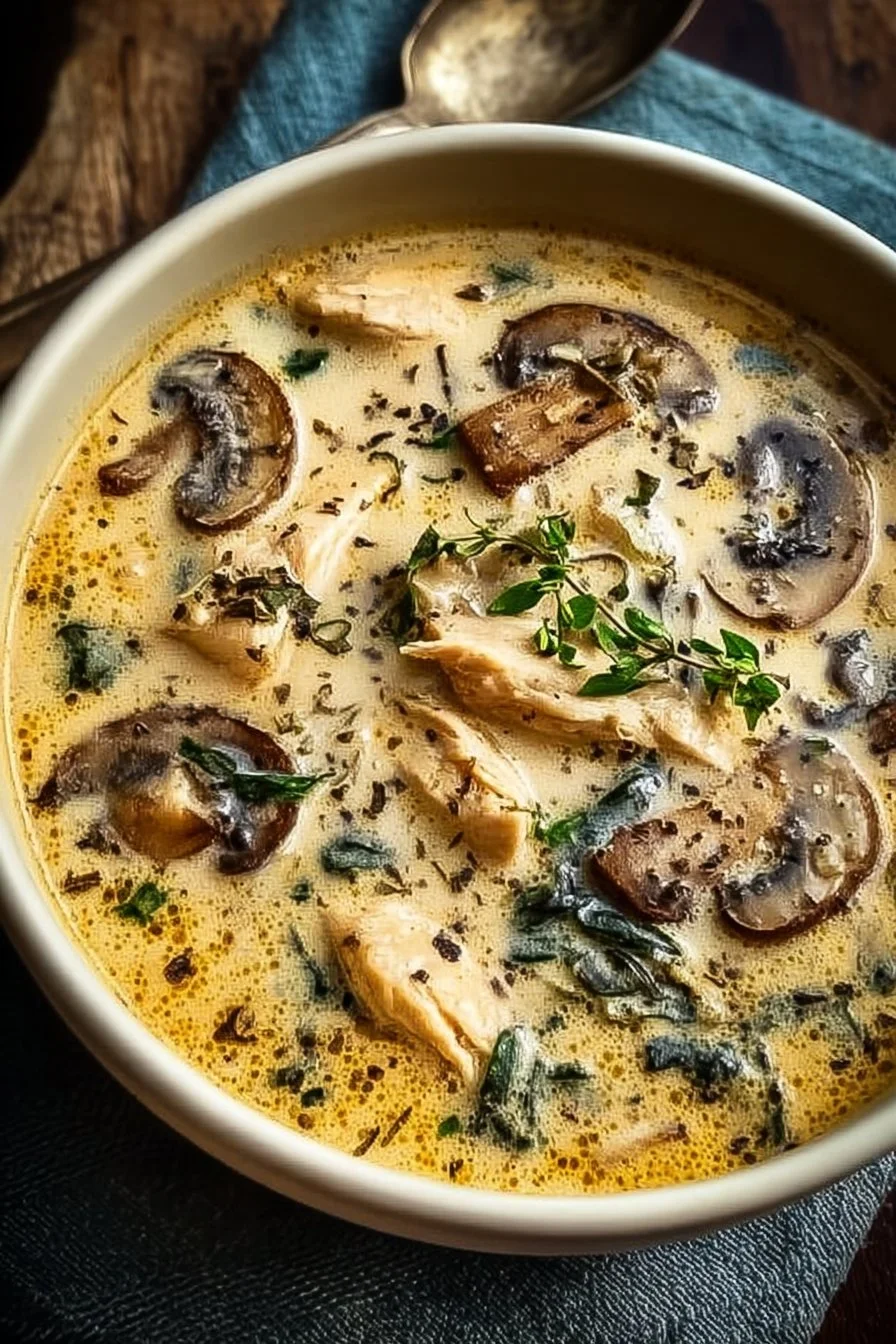 Bowl of Rotisserie Chicken Mushroom Soup garnished with herbs