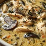 Delicious bowl of rotisserie chicken mushroom soup garnished with herbs.