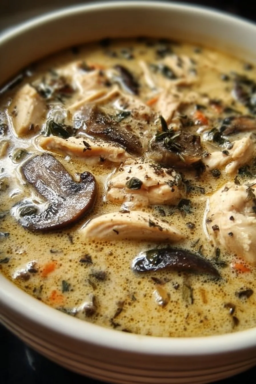 Delicious bowl of rotisserie chicken mushroom soup garnished with herbs.