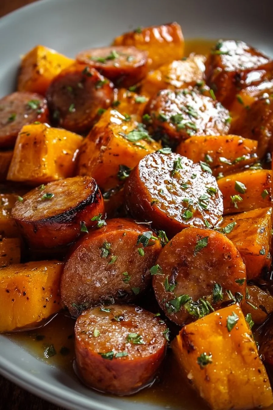 Sausage and sweet potatoes with honey garlic sauce in a rustic dish