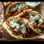 Delicious sheet pan chicken pitas with herby ranch dressing on a wooden board