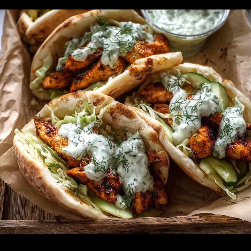 Delicious sheet pan chicken pitas with herby ranch dressing on a wooden board