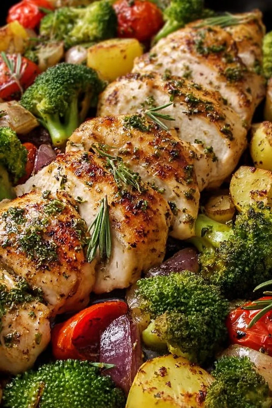 Sheet pan garlic butter chicken with colorful vegetables on a baking tray