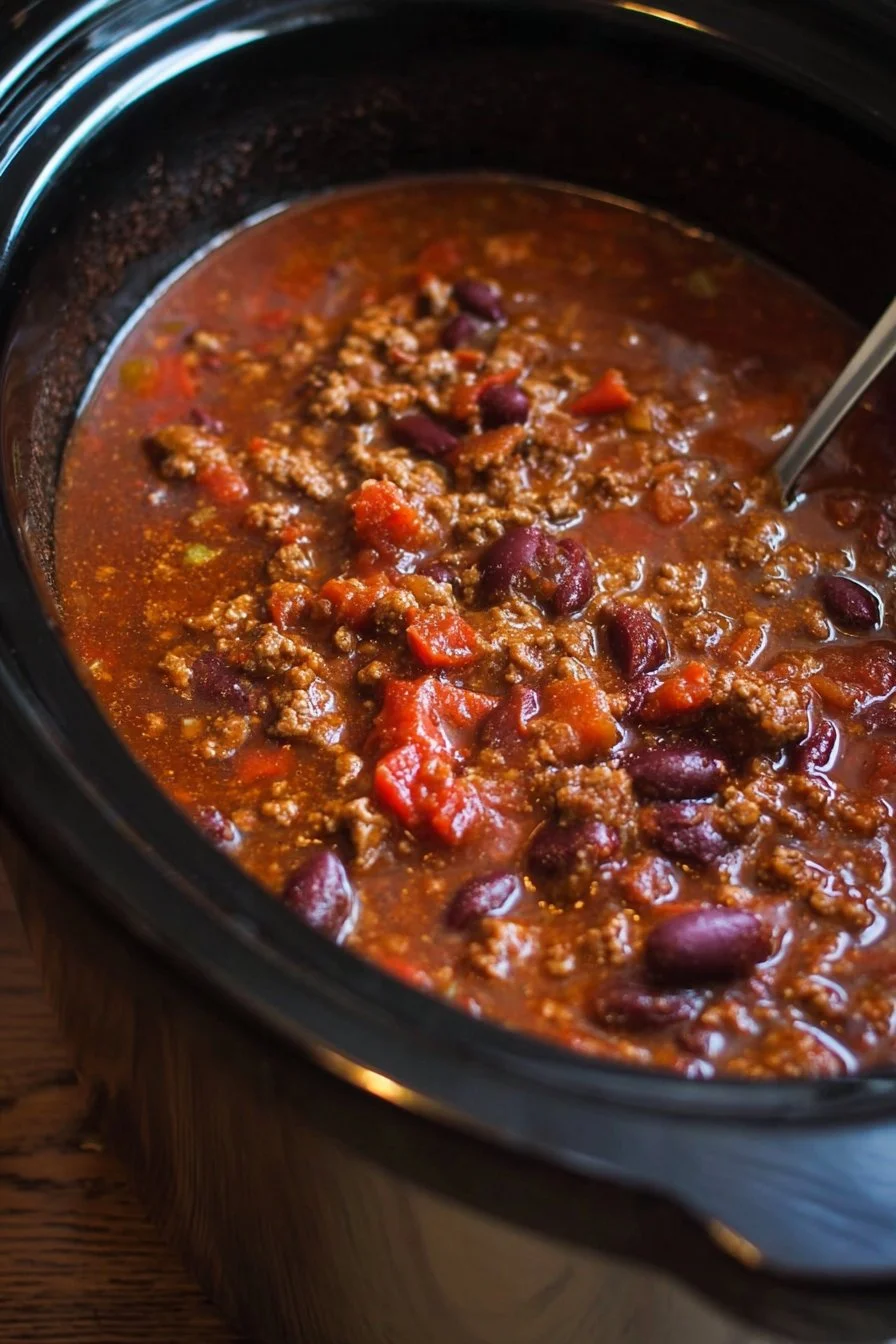 Delicious slow cooker chili served in a bowl, topped with cheese and cilantro.