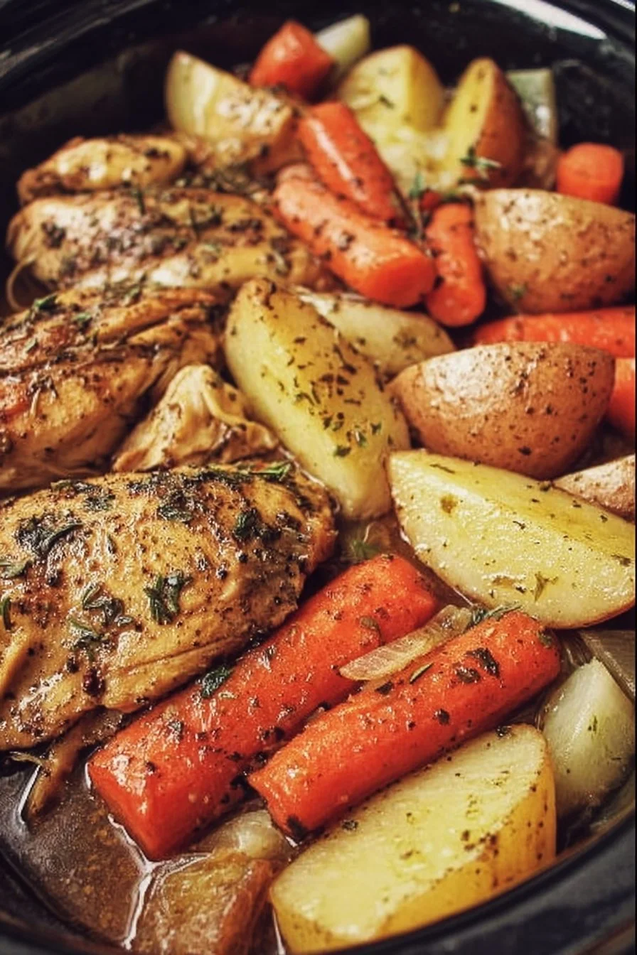 Delicious slow cooker garlic butter chicken served with fresh veggies