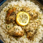 Slow Cooker Lemon Herb Chicken served with fluffy rice on a plate