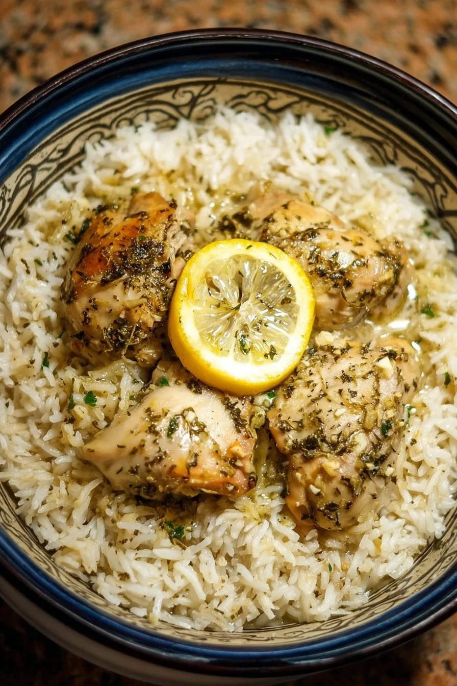 Slow Cooker Lemon Herb Chicken served with fluffy rice on a plate
