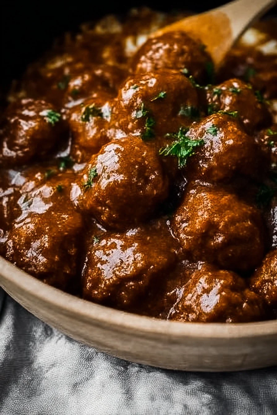 Plate of Slow Cooker Salisbury Steak Meatballs garnished with parsley