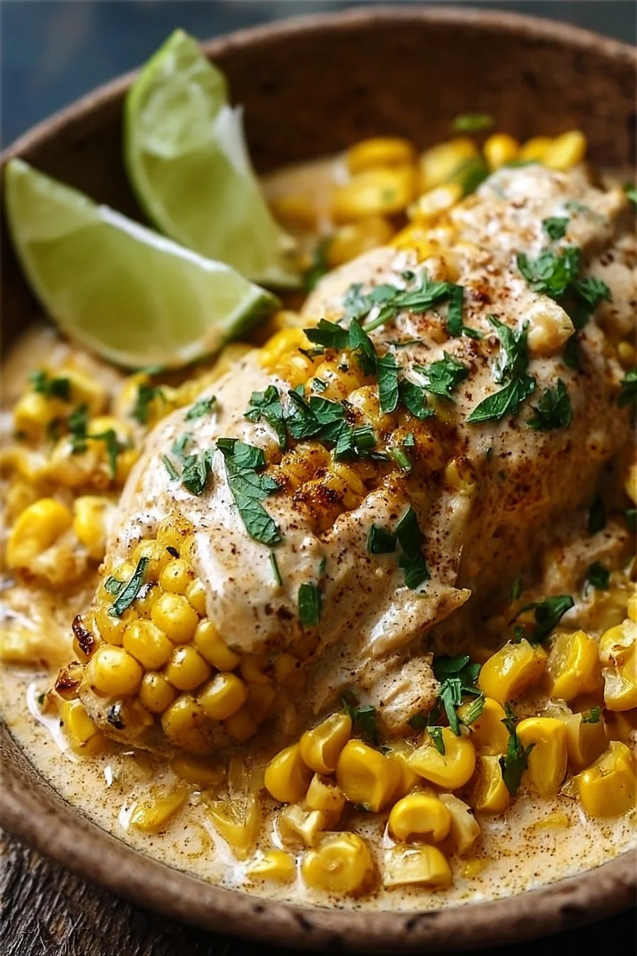 Bowl of slow cooker street corn chicken with creamy sauce and corn topping