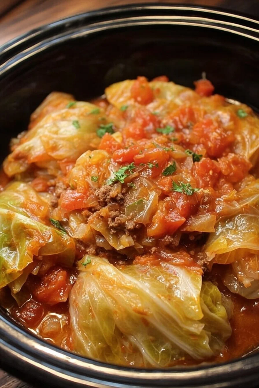 Slow cooker unstuffed cabbage rolls in a rustic bowl served with fresh herbs.