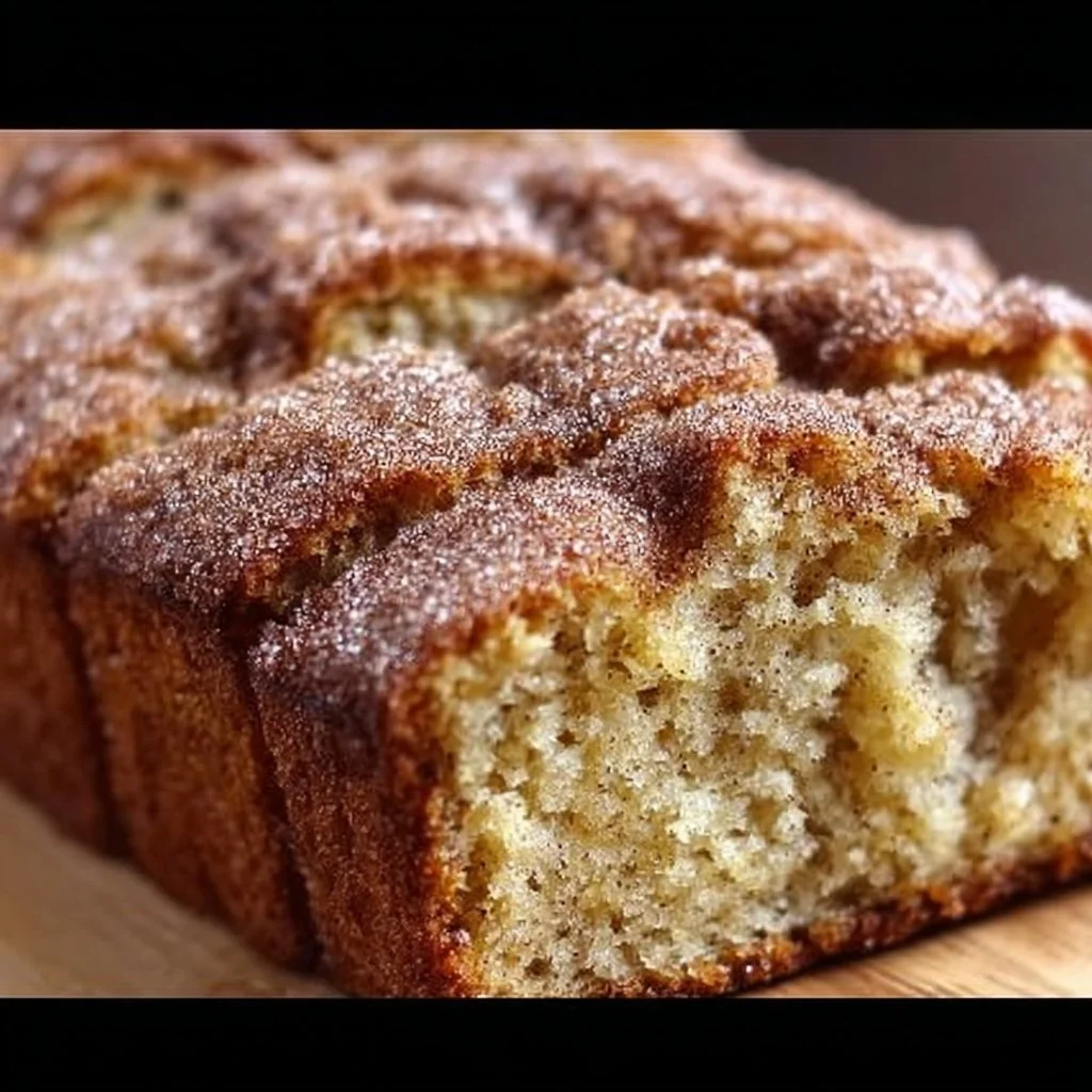 Freshly baked snickerdoodle banana bread with a cinnamon sugar topping