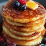 Plate of Spanish churro-inspired pancakes dusted with cinnamon sugar and drizzled with chocolate sauce
