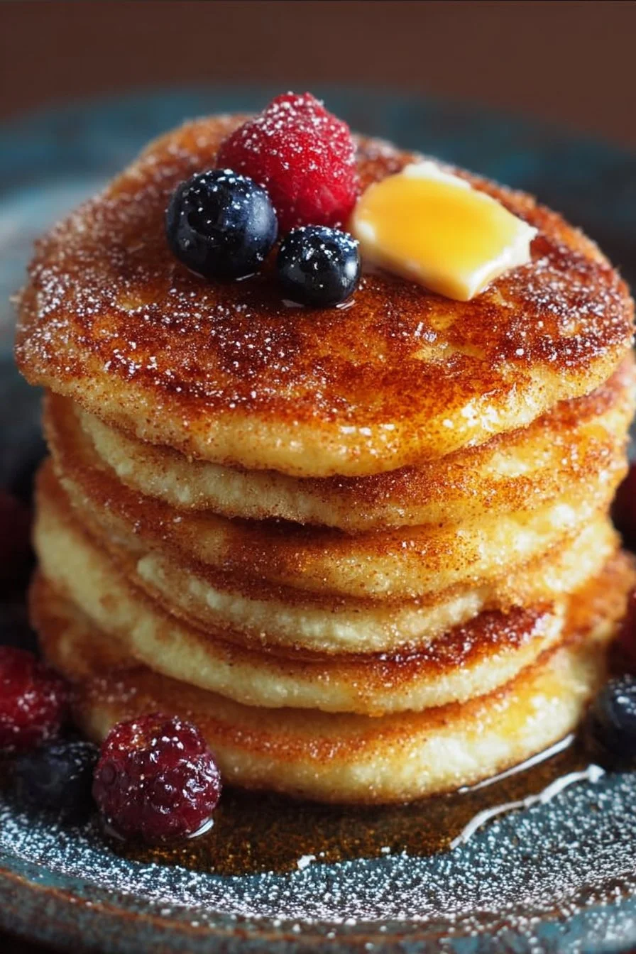 Plate of Spanish churro-inspired pancakes dusted with cinnamon sugar and drizzled with chocolate sauce
