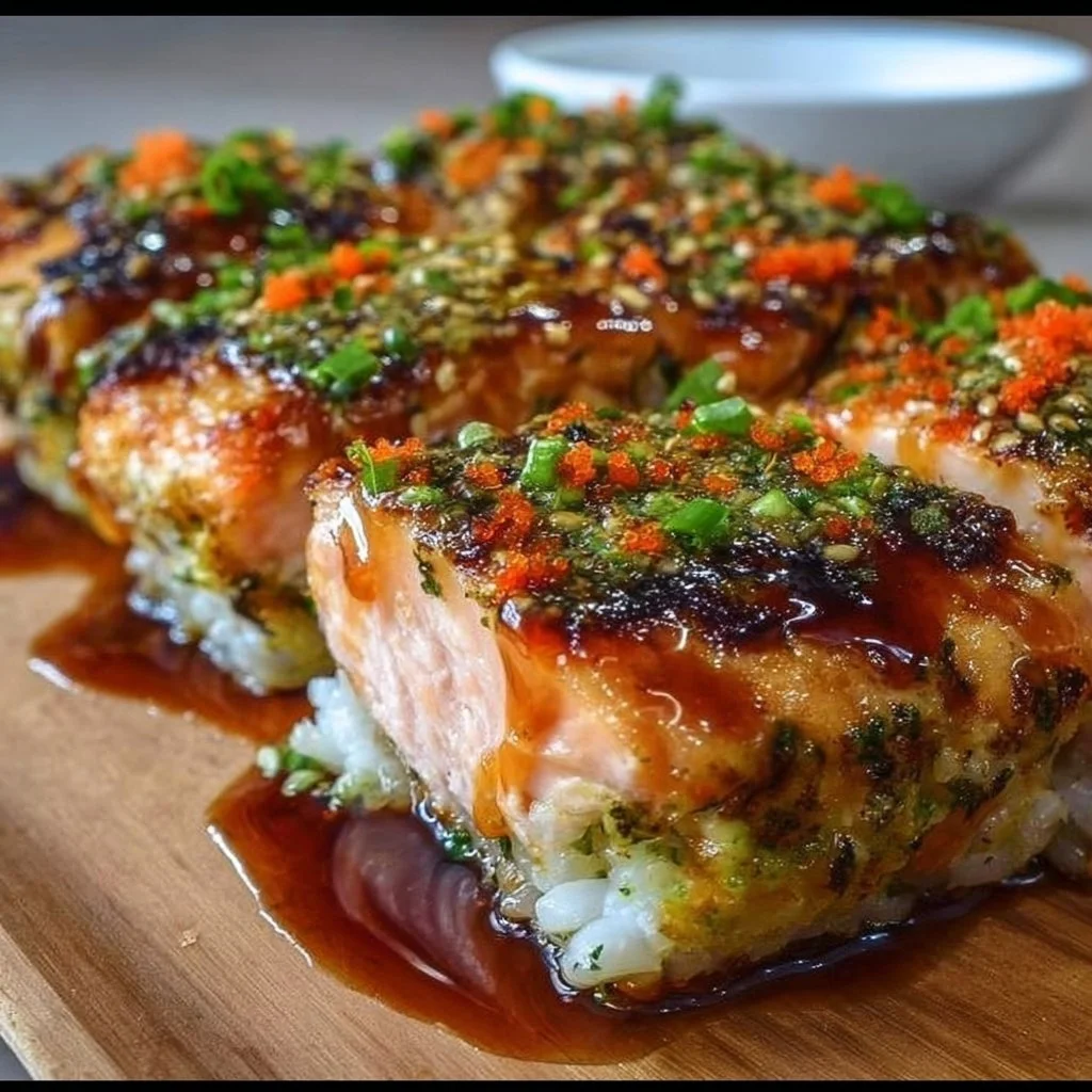 Delicious spicy salmon sushi bake served in a baking dish with sushi toppings