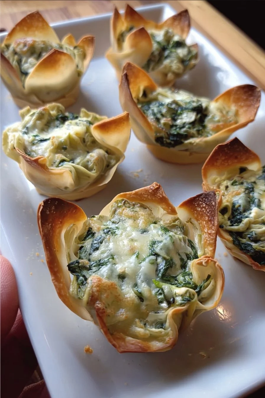 Spinach and artichoke wonton cups served as an appetizer.
