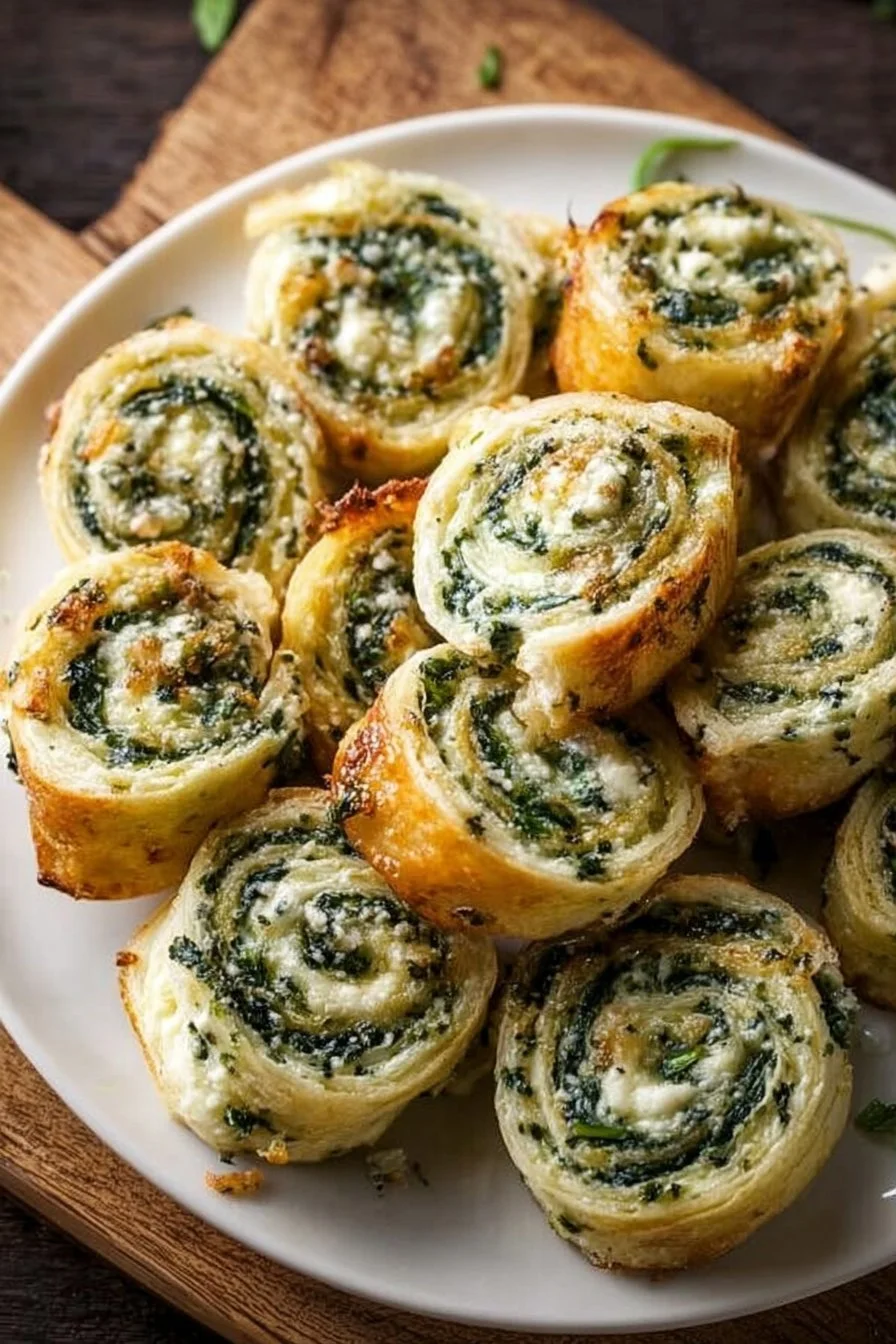 Bite-sized pinwheels filled with creamy spinach dip