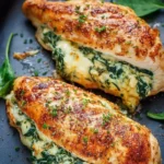 Spinach stuffed chicken breasts on a plate, garnished with herbs.