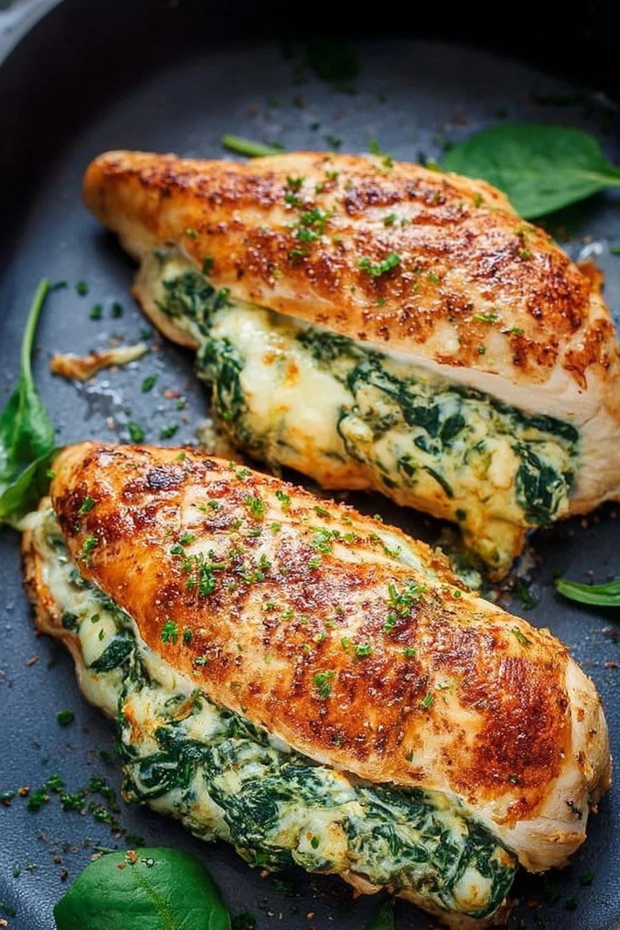 Spinach stuffed chicken breasts on a plate, garnished with herbs.