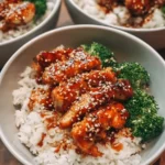 Delicious sticky chicken rice bowls with vibrant veggies and savory sauce