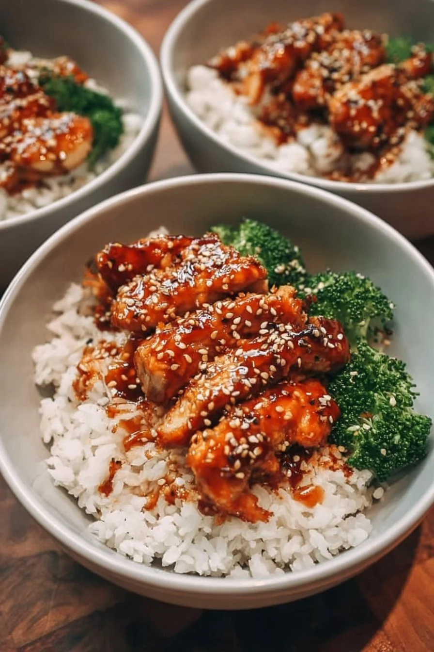 Delicious sticky chicken rice bowls with vibrant veggies and savory sauce