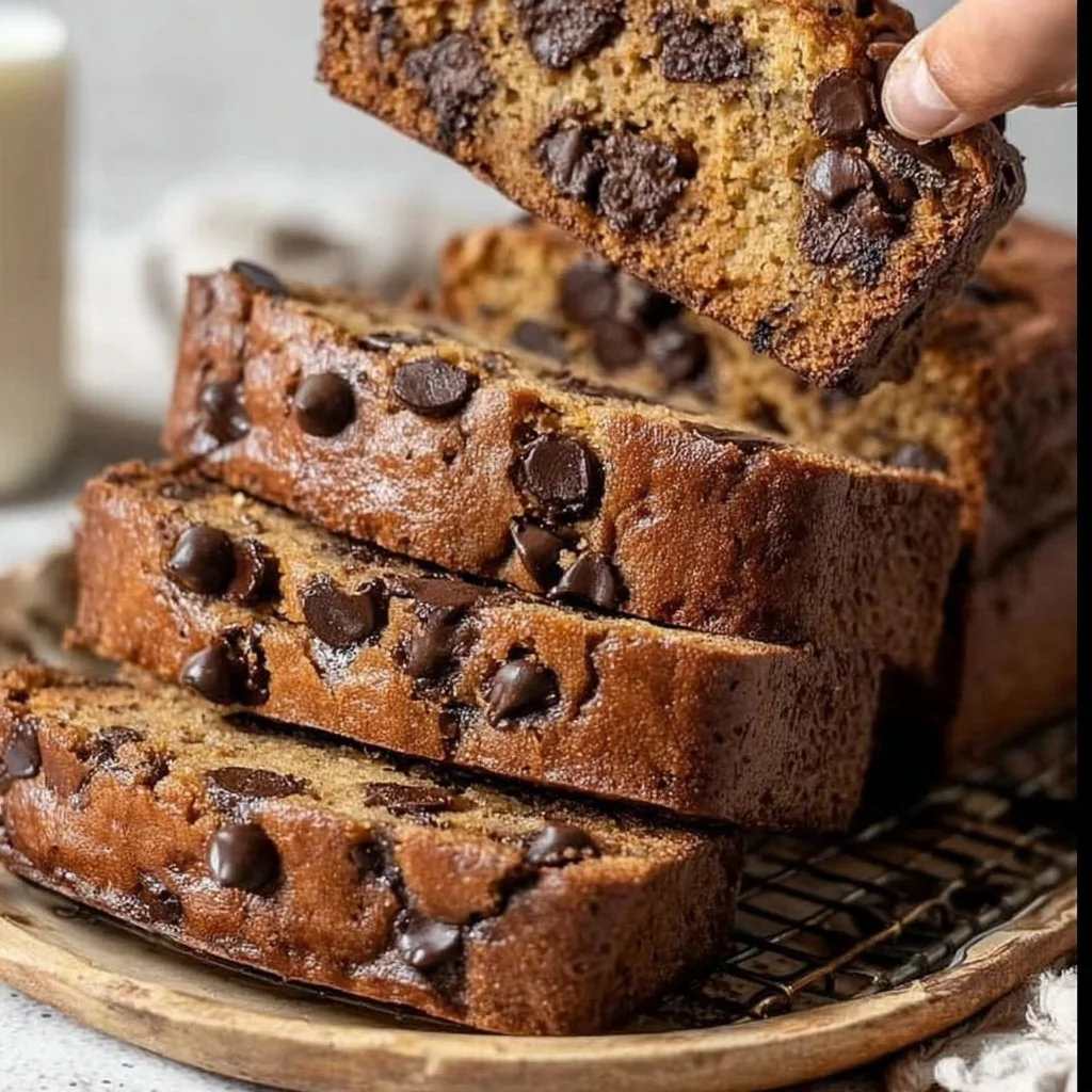 Slice of super moist chocolate chip banana bread on a wooden board