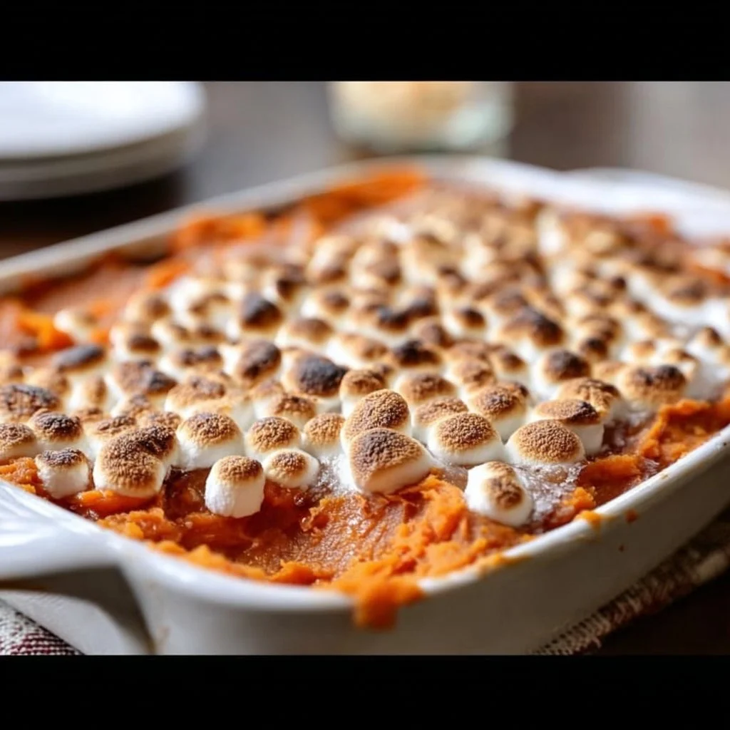 Delicious sweet potato casserole topped with marshmallows and pecans