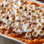 Delicious sweet potato casserole topped with marshmallows and pecans