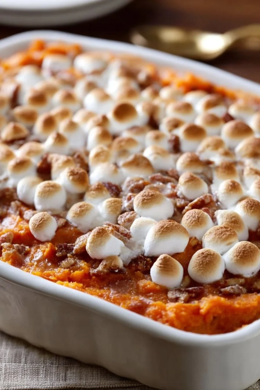Delicious sweet potato casserole topped with marshmallows and pecans