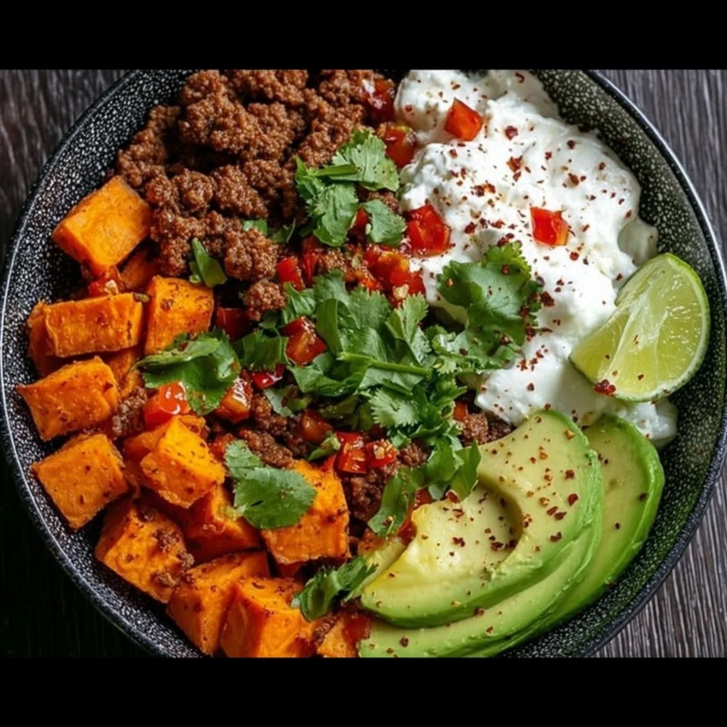 A colorful Sweet Potato Taco Bowl topped with fresh vegetables and avocado.