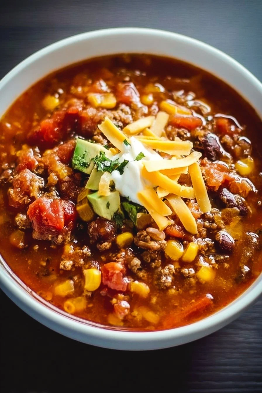 Bowl of hearty taco soup topped with cheese and cilantro