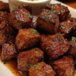 Plate of Texas Roadhouse steak bites with a side of dipping sauce