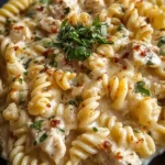 Crockpot garlic parmesan chicken pasta served in a bowl with herbs on top.