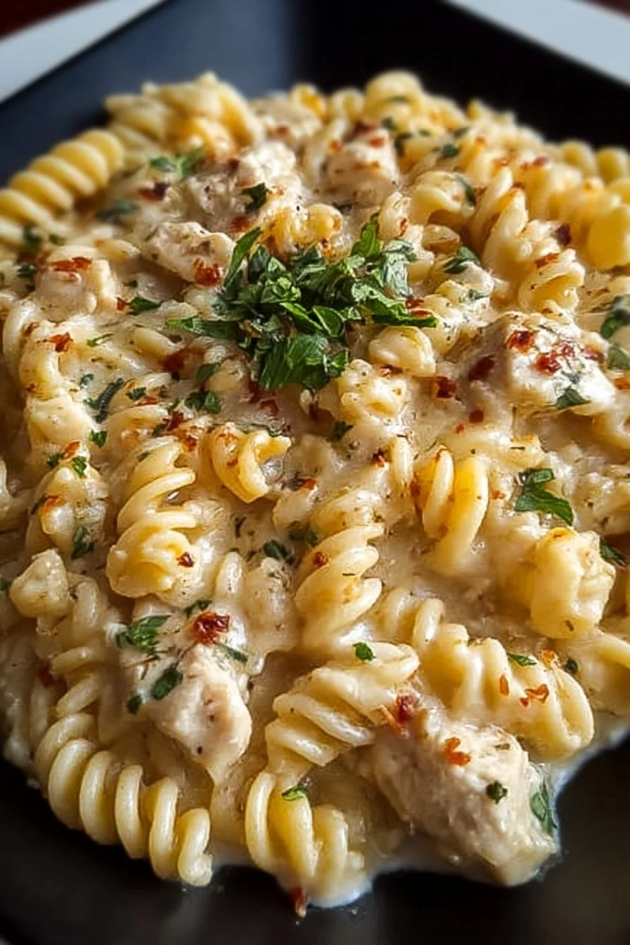 Crockpot garlic parmesan chicken pasta served in a bowl with herbs on top.