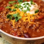 A bowl of The Pioneer Woman's hearty chili topped with cheese and herbs.