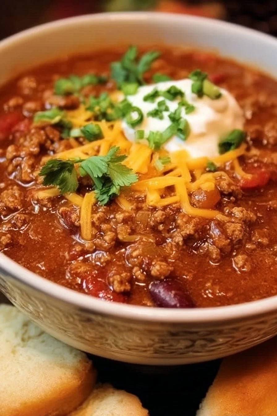 A bowl of The Pioneer Woman's hearty chili topped with cheese and herbs.