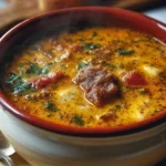 Bowl of delicious Tuscan Soup with vegetables and herbs