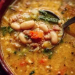 Bowl of Tuscan White Bean Soup garnished with herbs and served with crusty bread