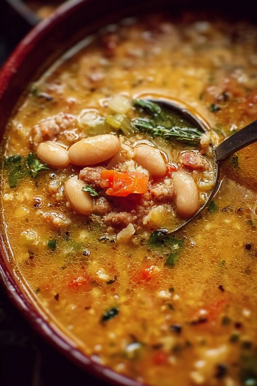 Bowl of Tuscan White Bean Soup garnished with herbs and served with crusty bread