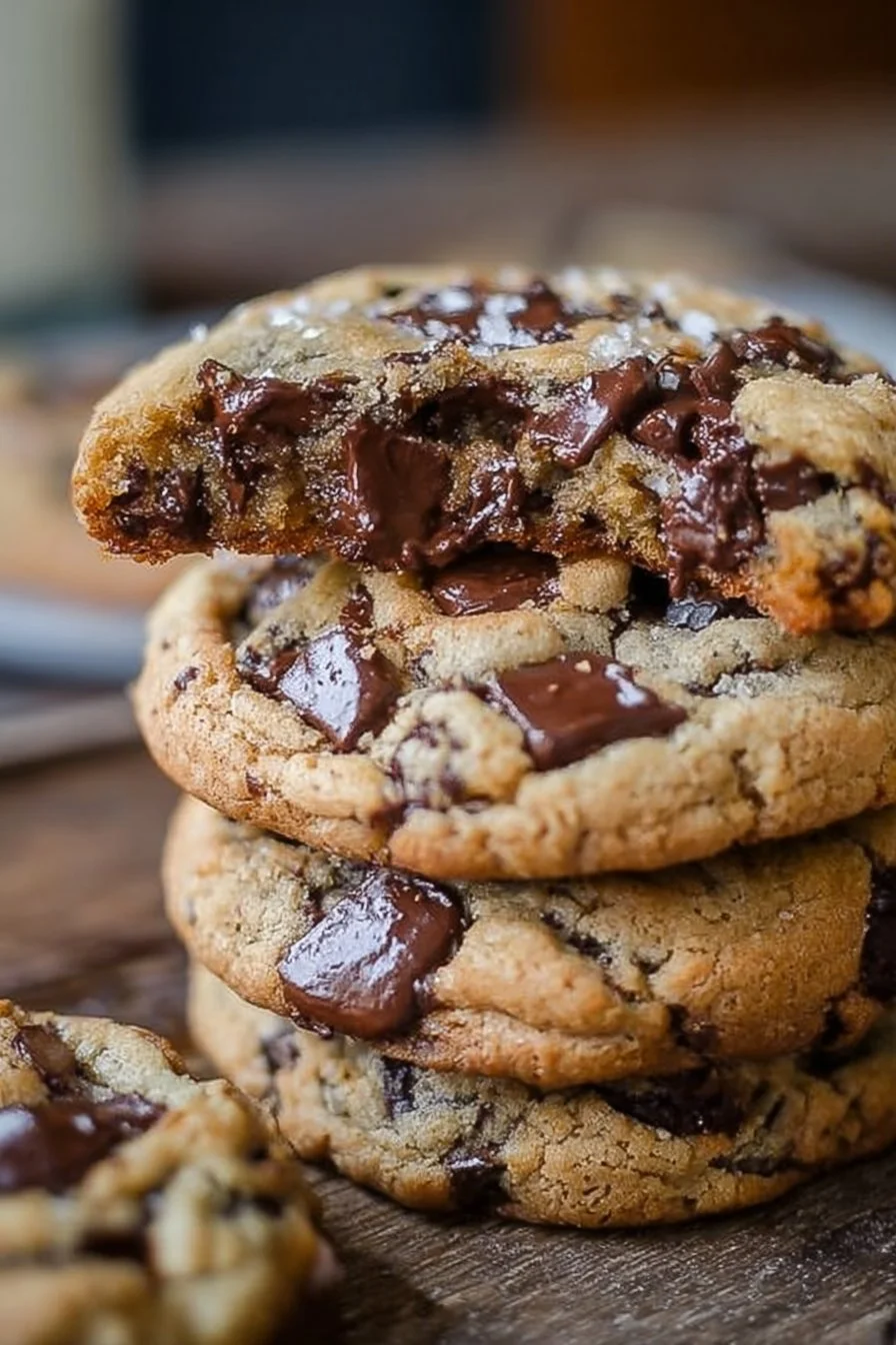 Ultra thick chocolate chip cookies with crispy edges and gooey centers