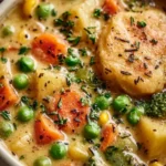 Bowl of Veggie Pot Pie Soup filled with colorful vegetables and herbs